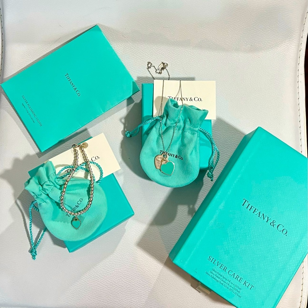 Tiffany Blue Heart Tag bracelet and necklace and jewelry cleaner in original box